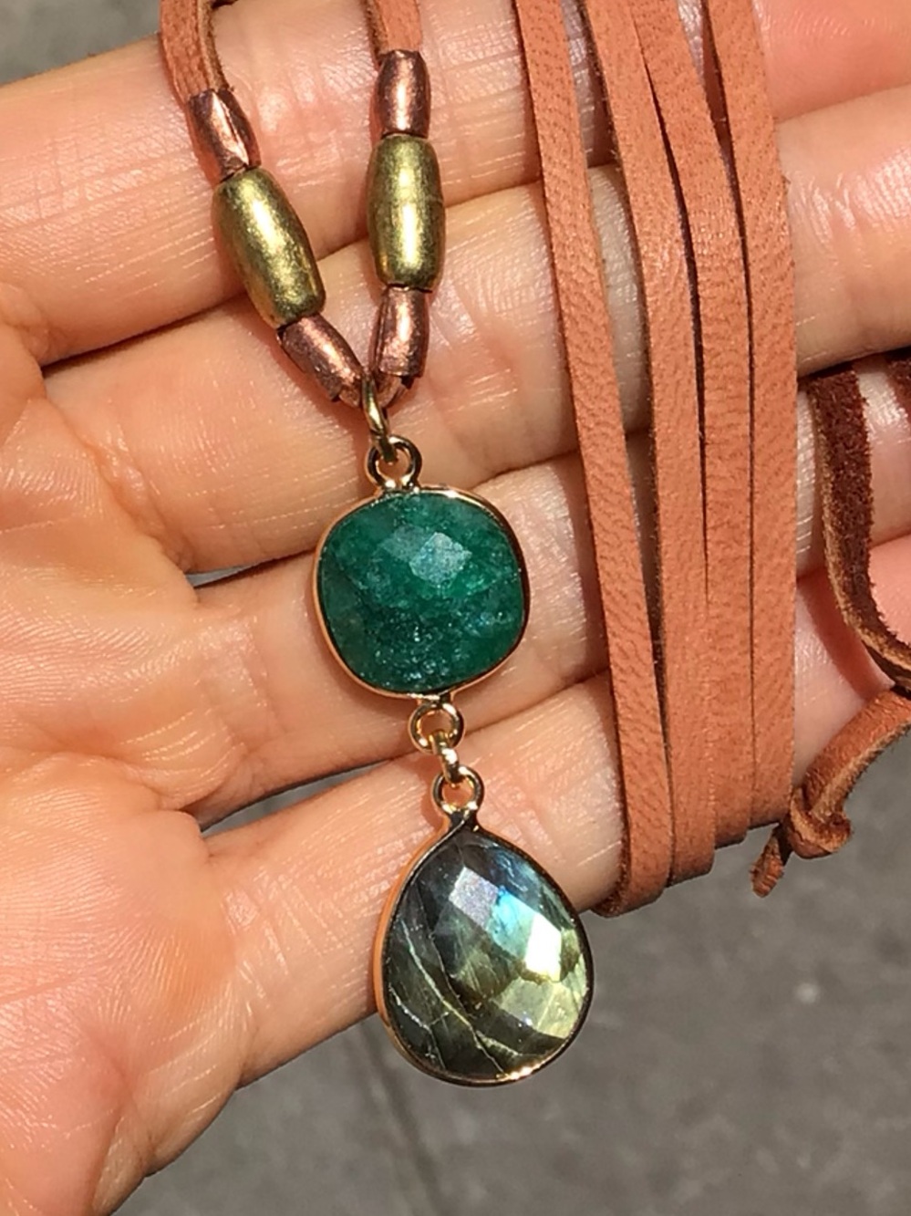Natural Labradorite Emerald leather cord Sundance Charm Necklace SALE